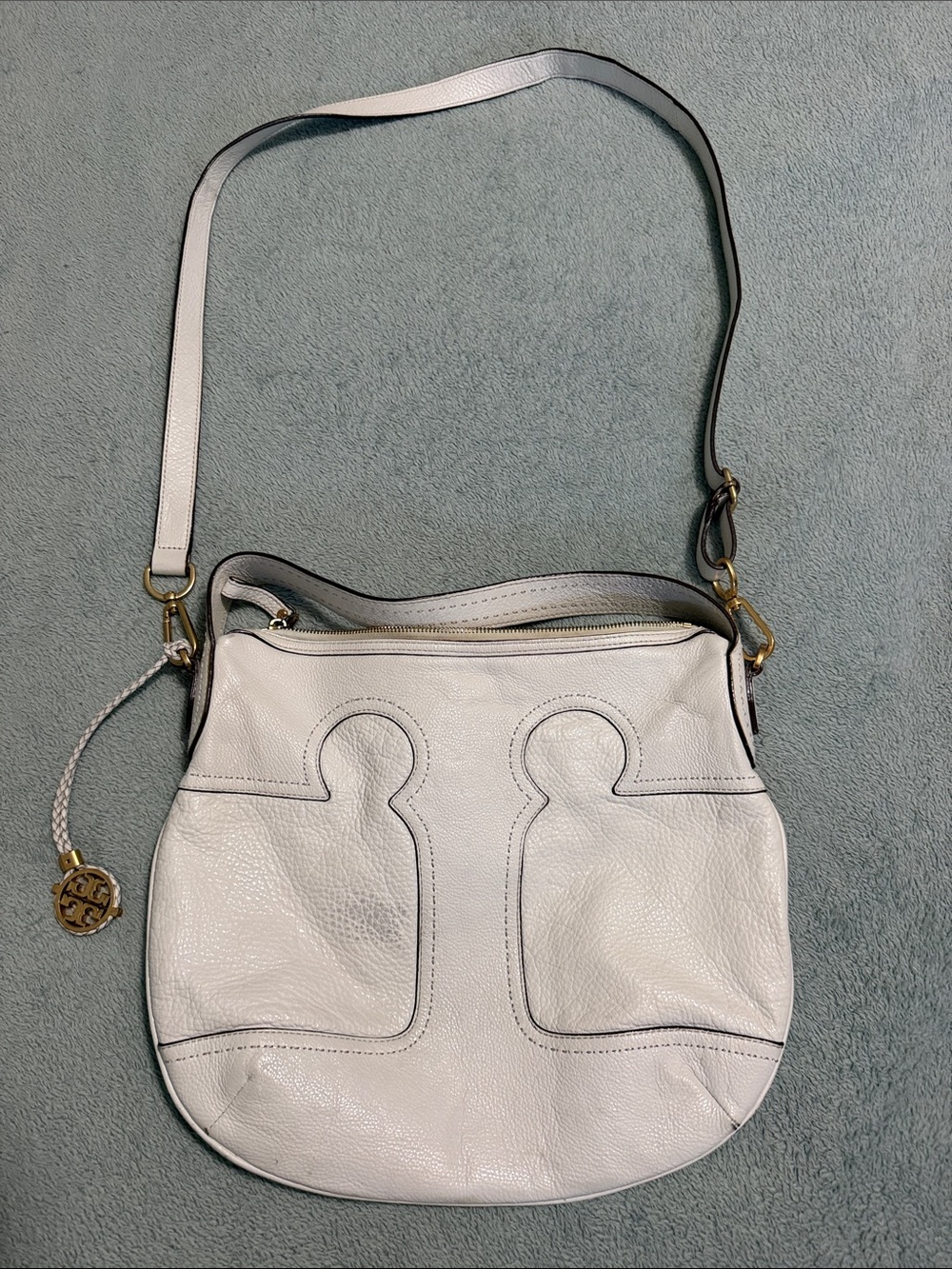 Tory Burch Amalie Cream Leather Shoulder Crossbody with Gold Logo Charm